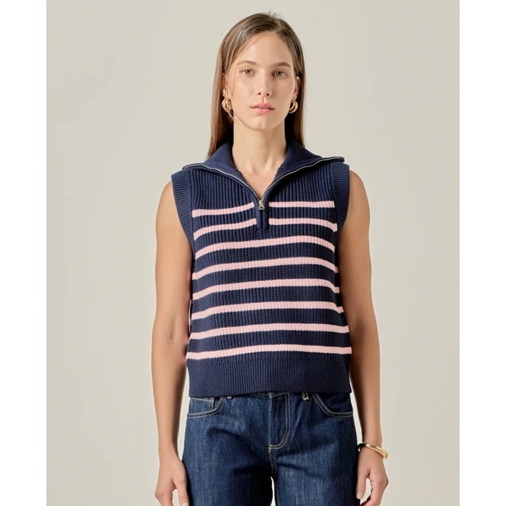 English Factory Navy & Pink Striped Knit Half Zip Sleeveless Sweater Vest Size M